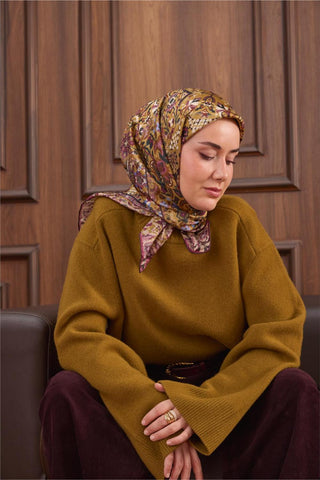 Twill İpek Eşarp Yeşil–Pudra Desenli Tok Duruşlu Kaymaz 90X90