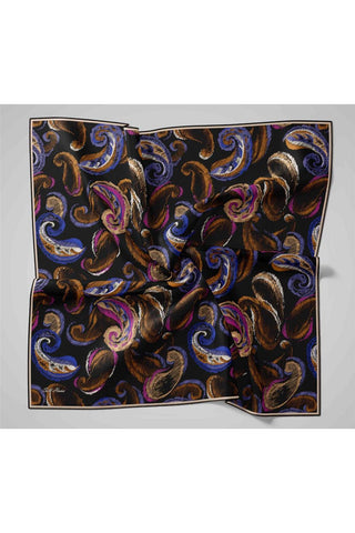 Twill İpek Eşarp Siyah–Lila Desenli Tok Duruşlu Kaymaz 90X90