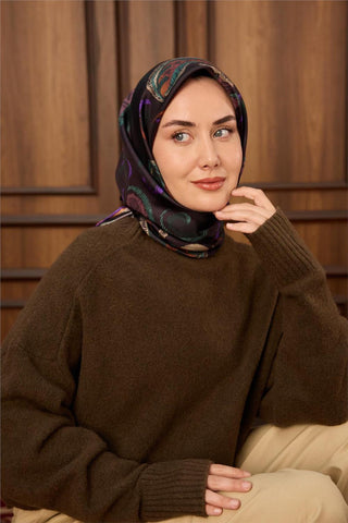 Twill İpek Eşarp Acı Kahve-Patina Desenli Tok Duruşlu 90X90