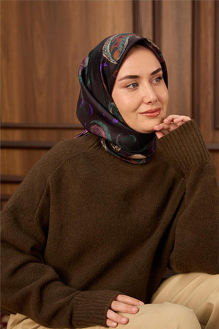 Twill İpek Eşarp Acı Kahve-Patina Desenli Tok Duruşlu 90X90