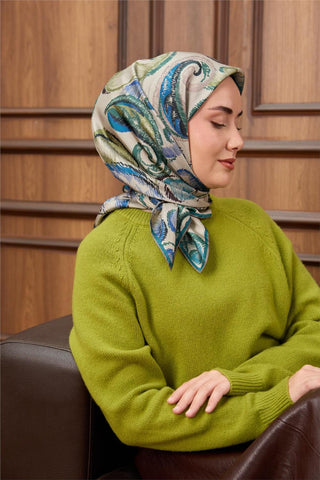 Twill İpek Eşarp Taş-Mavi Desenli Tok Duruşlu 90X90