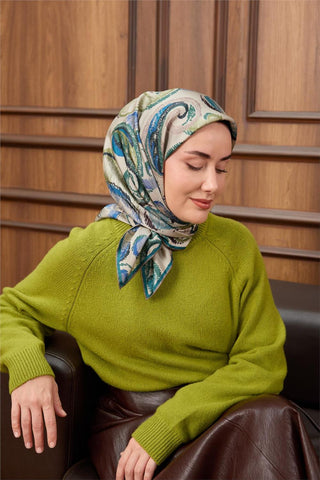 Twill İpek Eşarp Taş-Mavi Desenli Tok Duruşlu 90X90