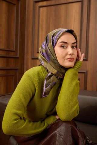 Twill İpek Eşarp Haki-Mor Desenli Tok Duruşlu 90X90