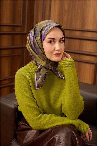 Twill İpek Eşarp Haki-Mor Desenli Tok Duruşlu 90X90