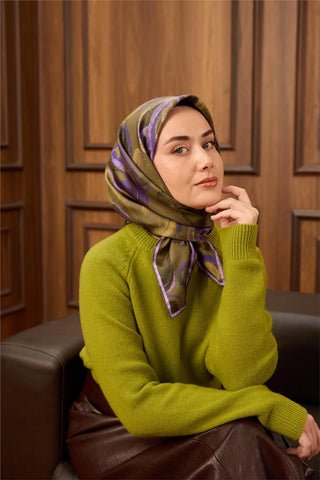 Twill İpek Eşarp Haki-Mor Desenli Tok Duruşlu 90X90