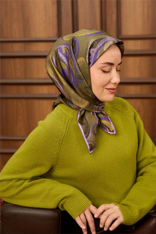 Twill İpek Eşarp Haki-Mor Desenli Tok Duruşlu 90X90