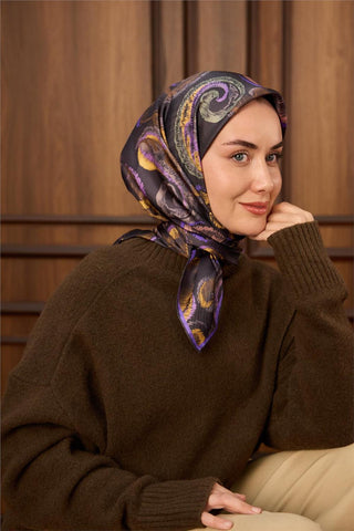 Twill İpek Eşarp Koyu Mor-Yeşil Desenli Tok Duruşlu 90X90