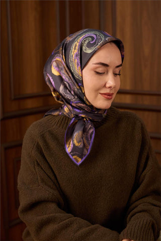 Twill İpek Eşarp Koyu Mor-Yeşil Desenli Tok Duruşlu 90X90