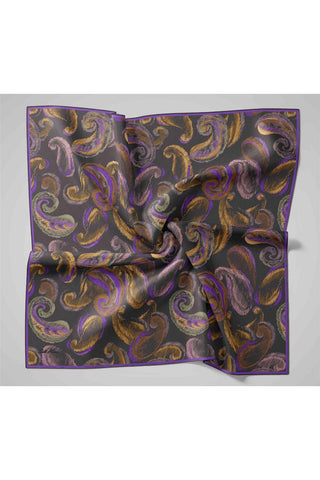 Twill İpek Eşarp Koyu Mor-Yeşil Desenli Tok Duruşlu 90X90