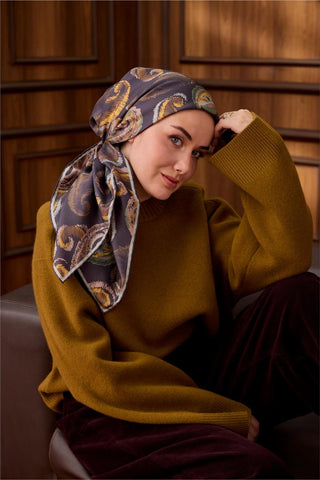 Twill İpek Eşarp Mavi Gri-Hardal Desenli Tok Duruşlu 90X90