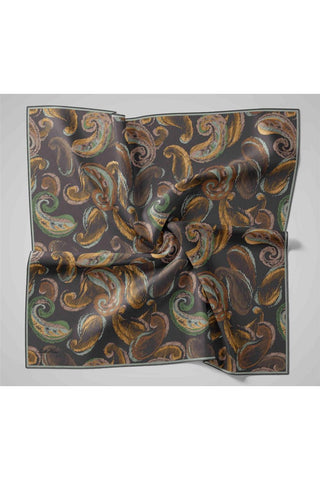 Twill İpek Eşarp Mavi Gri-Hardal Desenli Tok Duruşlu 90X90