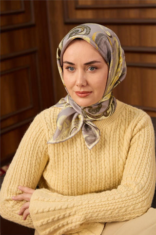 Twill İpek Eşarp Gümüş-Butter Yellow Desenli Tok Duruşlu 90X90
