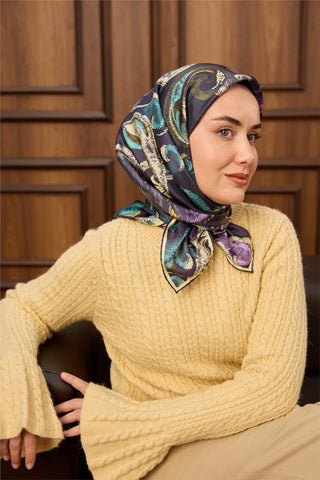 Twill İpek Eşarp Morcivert-Butter Desenli Tok Duruşlu 90X90