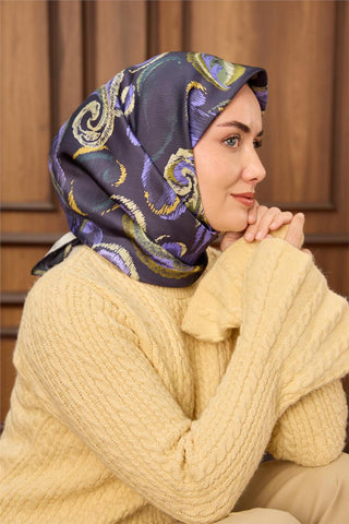 Twill İpek Eşarp Morcivert-Funda Desenli Tok Duruşlu 90X90