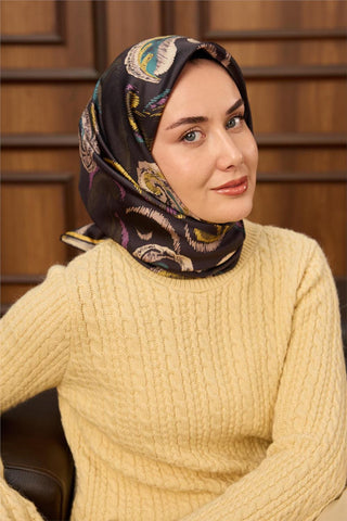 Twill İpek Eşarp Antrasit-Haki Desenli Tok Duruşlu 90X90