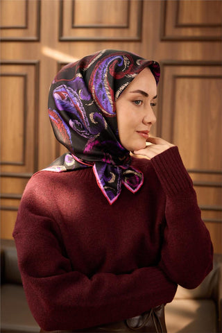 Twill İpek Eşarp Siyah-Fuşya Desenli Tok Duruşlu 90X90