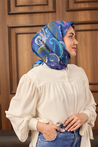 Twill İpek Eşarp Mavi-Gök Mavi Desenli Tok Duruşlu 90X90