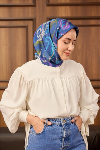 Twill İpek Eşarp Mavi-Gök Mavi Desenli Tok Duruşlu 90X90