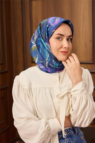 Twill İpek Eşarp Mavi-Gök Mavi Desenli Tok Duruşlu 90X90