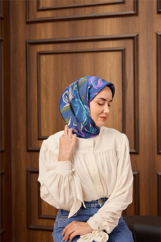 Twill İpek Eşarp Mavi-Gök Mavi Desenli Tok Duruşlu 90X90