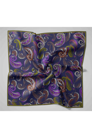 Twill İpek Eşarp Koyu Lacivert-Funda Desenli Tok Duruşlu 90X90