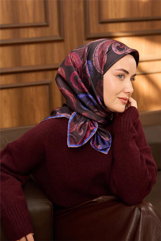 Twill İpek Eşarp Bordo–Saks Desenli Tok Duruşlu 90X90