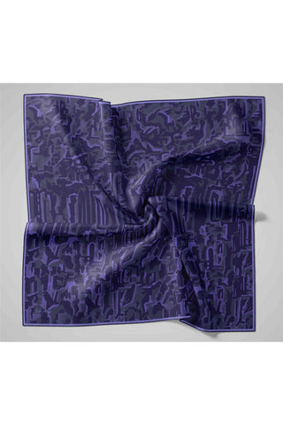 Twill İpek Eşarp Fosfor Mor–Lacivert–Füme Desenli Tok Duruşlu 90X90
