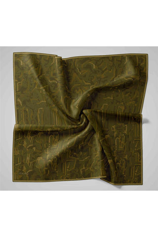 Twill İpek Eşarp Koyu Yeşil–Kına Yeşili–Olive Desenli Tok Duruşlu 90X90