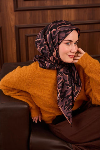 Twill İpek Eşarp Pastel Mor–Siyah–Soğan Kabuğu Desenli Tok Duruşlu 90X90 - Twill İpek Eşarp - | Silk Home