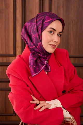 Twill İpek Eşarp Fuşya–Koyu Mor–Pembe Desenli Tok Duruşlu 90X90