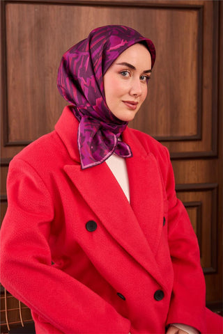 Twill İpek Eşarp Fuşya–Koyu Mor–Pembe Desenli Tok Duruşlu 90X90