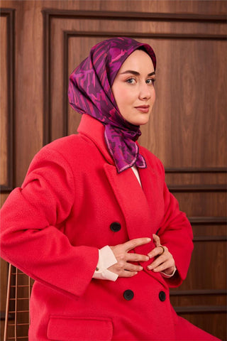 Twill İpek Eşarp Fuşya–Koyu Mor–Pembe Desenli Tok Duruşlu 90X90