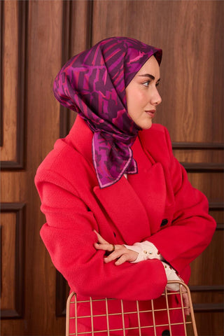 Twill İpek Eşarp Fuşya–Koyu Mor–Pembe Desenli Tok Duruşlu 90X90