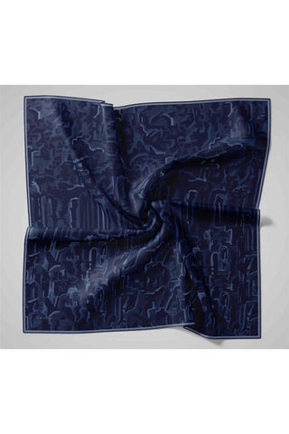 Twill İpek Eşarp Koyu Lacivert–Pastel Mavi Desenli Tok Duruşlu 90X90
