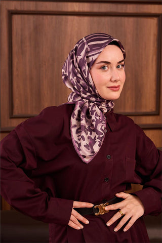 Twill İpek Eşarp Mor-Erguvan Desenli Tok Duruşlu 90X90