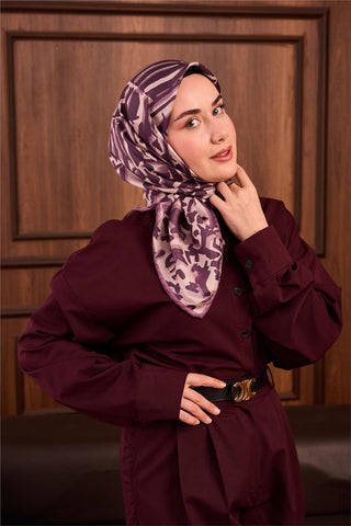 Twill İpek Eşarp Mor-Erguvan Desenli Tok Duruşlu 90X90
