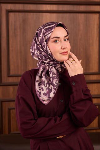 Twill İpek Eşarp Mor-Erguvan Desenli Tok Duruşlu 90X90
