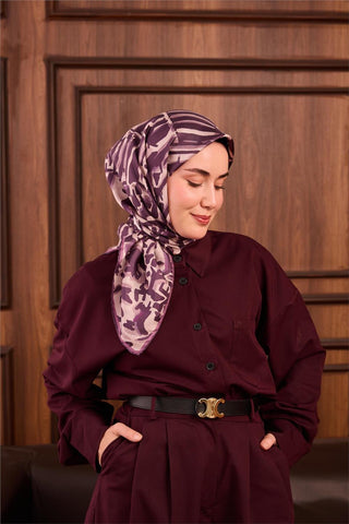 Twill İpek Eşarp Mor-Erguvan Desenli Tok Duruşlu 90X90