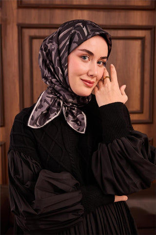 Twill İpek Eşarp Siyah-Gümüş Kamuflaj Desenli Tok Duruşlu 90X90