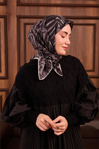 Twill İpek Eşarp Siyah-Gümüş Kamuflaj Desenli Tok Duruşlu 90X90
