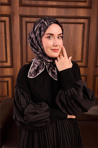 Twill İpek Eşarp Siyah-Gümüş Kamuflaj Desenli Tok Duruşlu 90X90