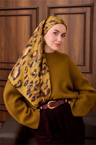 Twill İpek Eşarp Siyah-Olive Desenli Tok Duruşlu 90X90