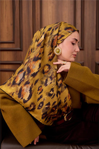 Twill İpek Eşarp Siyah-Olive Desenli Tok Duruşlu 90X90