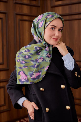 Twill İpek Eşarp Yeşil-Su Yeşili Desenli Tok Duruşlu 90X90