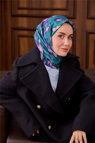 Twill Silk Scarf, Turquoise-Lilac Pattern, Firm Structure, 90x90 cm