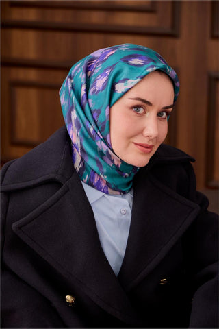 Twill Silk Scarf, Turquoise-Lilac Pattern, Firm Structure, 90x90 cm