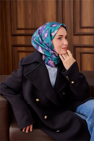 Twill Silk Scarf, Turquoise-Lilac Pattern, Firm Structure, 90x90 cm