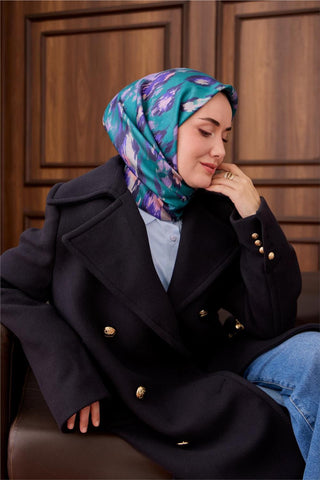 Twill Silk Scarf, Turquoise-Lilac Pattern, Firm Structure, 90x90 cm