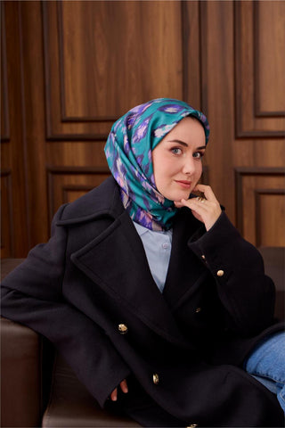 Twill Silk Scarf, Turquoise-Lilac Pattern, Firm Structure, 90x90 cm