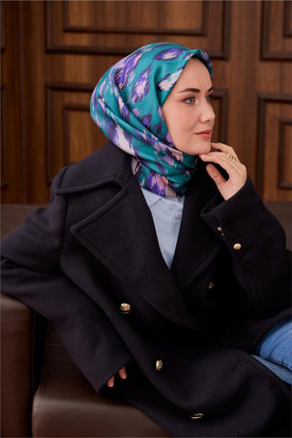 Twill Silk Scarf, Turquoise-Lilac Pattern, Firm Structure, 90x90 cm